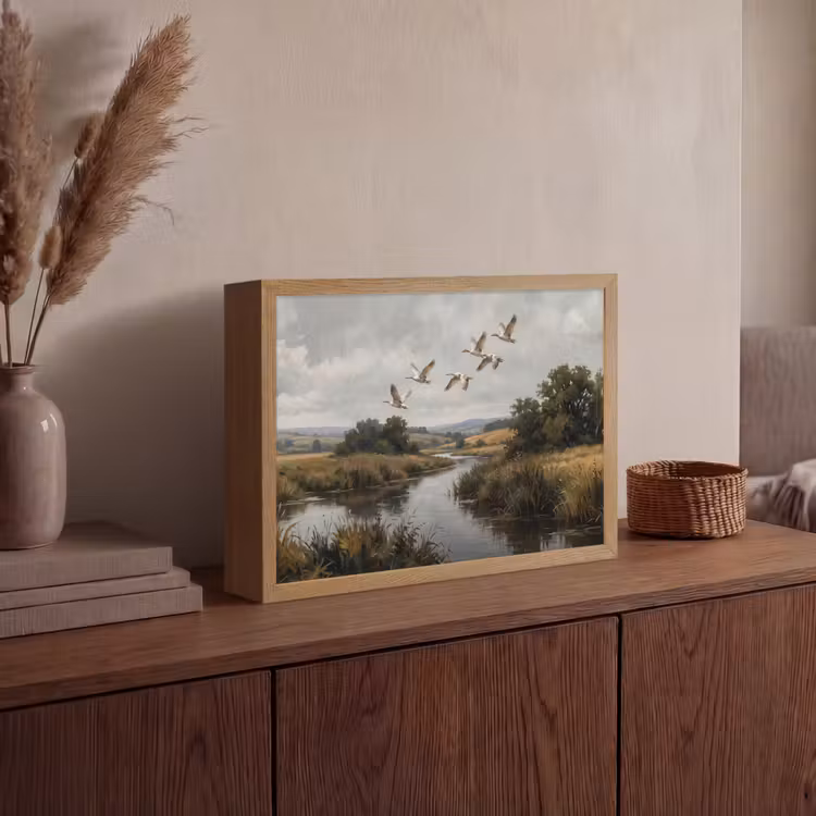 Eenden - Rivier - Landschap - Vlucht - Nostalgisch Light Box met batterij (Wandlamp) middel -sfeer2
