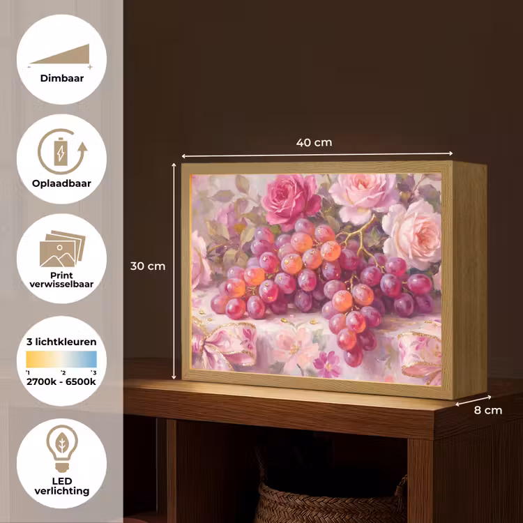 Eten - Bloemen - Stilleven - Roze - Goud Light Box met batterij (Wandlamp) middel -USP_websiteoverzichtNL