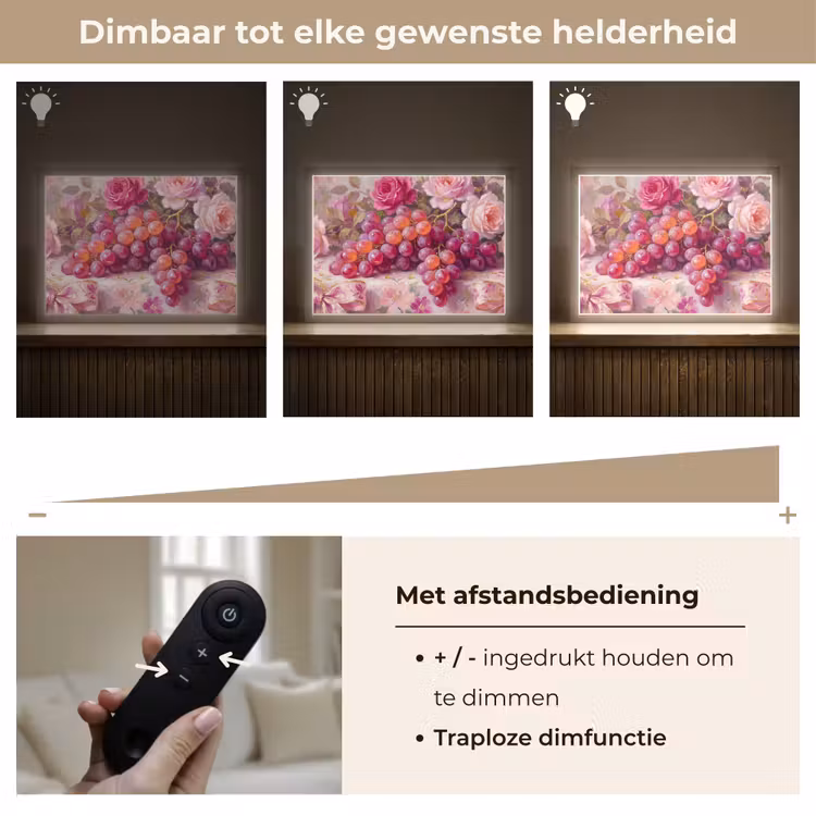 Eten - Bloemen - Stilleven - Roze - Goud Light Box met batterij (Wandlamp) middel -USP_dimbaarNL