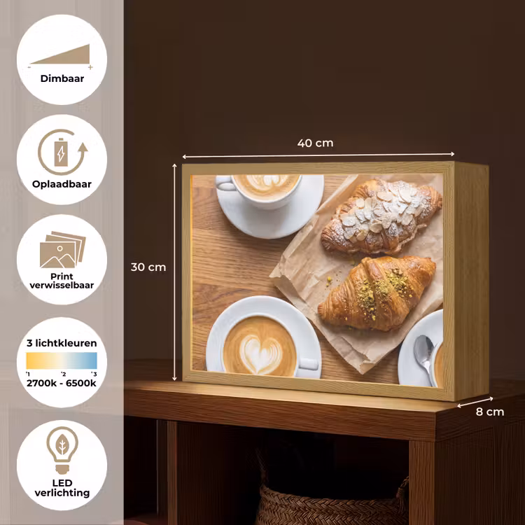 Eten - Croissant - Koffie - Ontbijt - Modern Light Box met batterij (Wandlamp) middel -USP_websiteoverzichtNL