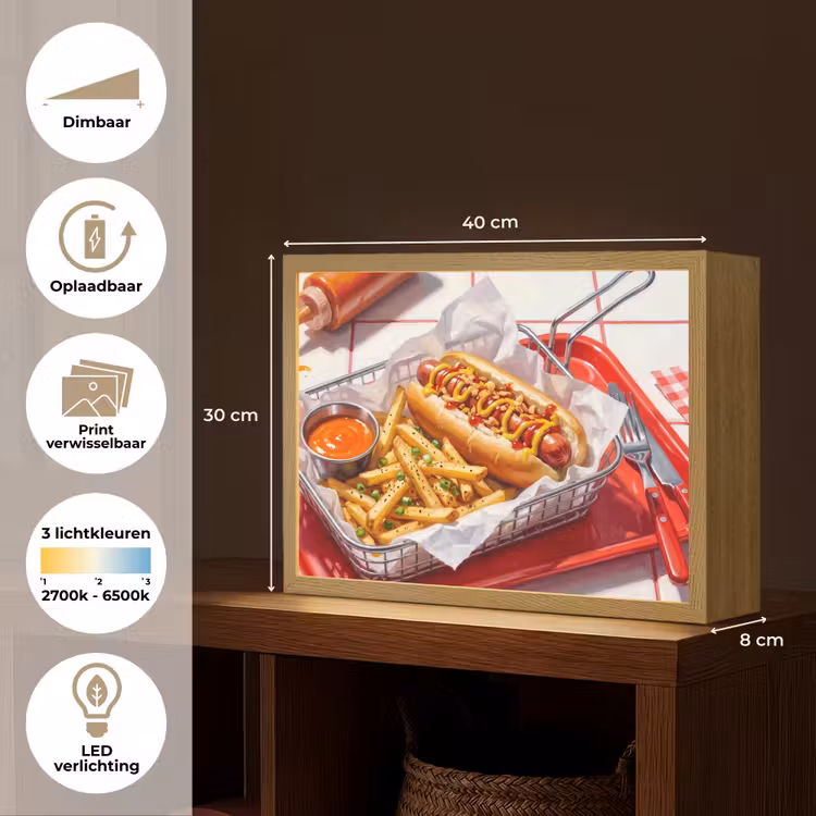 Eten - Hotdog - Fastfood - Modern - Rood Light Box met batterij (Wandlamp) middel -USP_websiteoverzichtNL