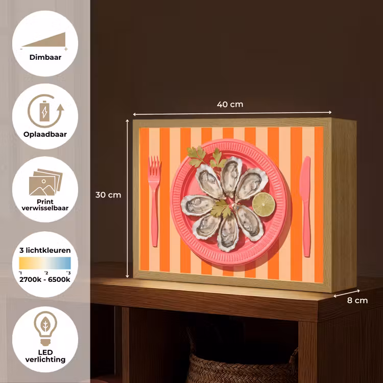 Eten - Oester - Zeevruchten - Oranje - Modern Light Box met batterij (Wandlamp) middel -USP_websiteoverzichtNL