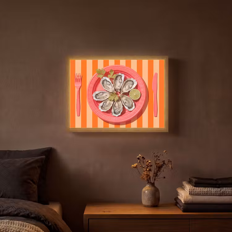 Eten - Oester - Zeevruchten - Oranje - Modern Light Box met batterij (Wandlamp) middel -sfeer4