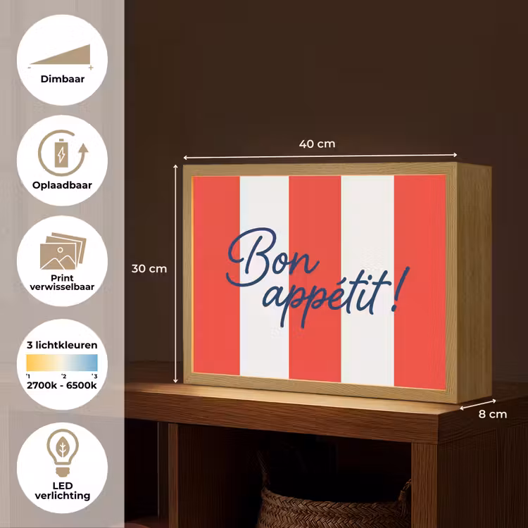 Eten - Spreuk - Keuken - Grafisch - Rood-Wit Light Box met batterij (Wandlamp) middel -USP_websiteoverzichtNL