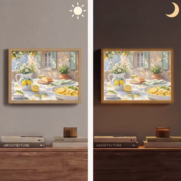 Eten - Terras - Zomer - Geschilderd - Geel Light Box met batterij (Wandlamp) middel -sfeer3