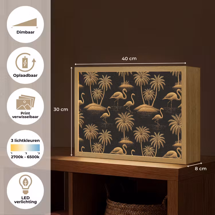 Flamingo - Palmbomen - Tropisch - Goud - Zwart Light Box met batterij (Wandlamp) middel 907 -USP_websiteoverzichtNL