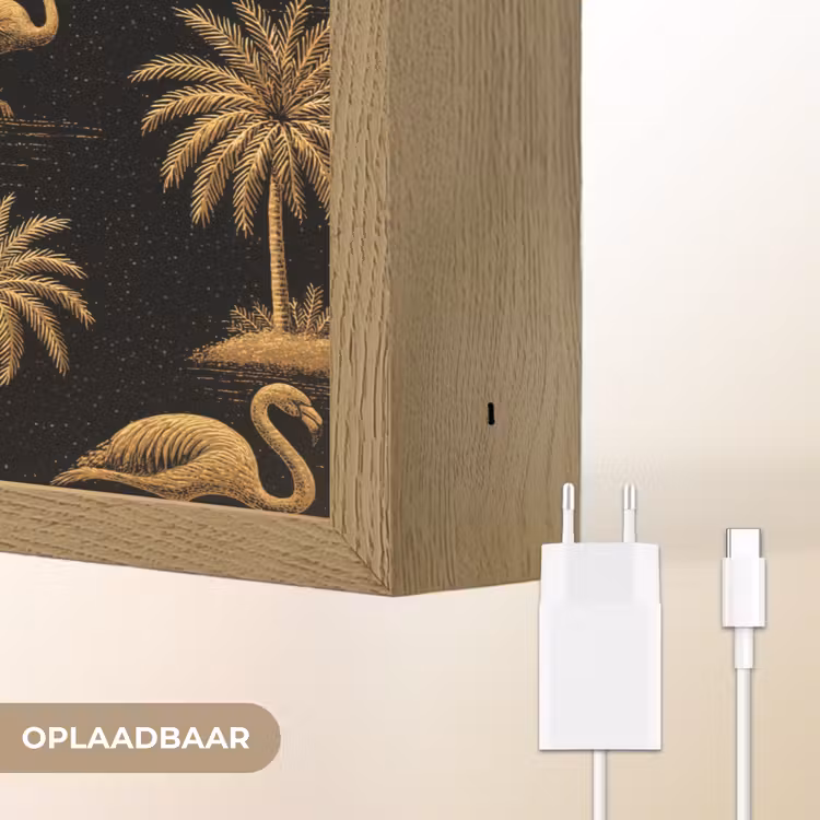 Flamingo - Palmbomen - Tropisch - Goud - Zwart Light Box met batterij (Wandlamp) middel 907 -USP_websiteoplaadbaarNL