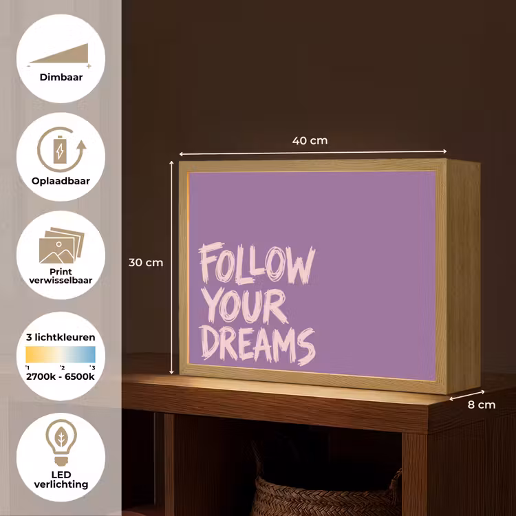 Follow your dreams - Paars - Penseeltextuur Light Box met batterij (Wandlamp) middel -USP_websiteoverzichtNL