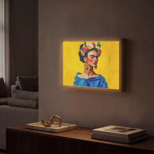 Frida Kahlo - Vrouw - Geel - Blauw - Bloemen Light Box met batterij (Wandlamp) middel -sfeer1