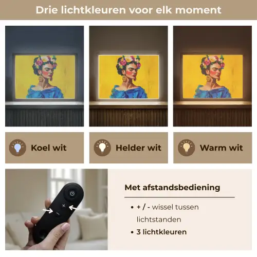 Frida Kahlo - Vrouw - Geel - Blauw - Bloemen Light Box met batterij (Wandlamp) middel -USP_lichtkleurNL