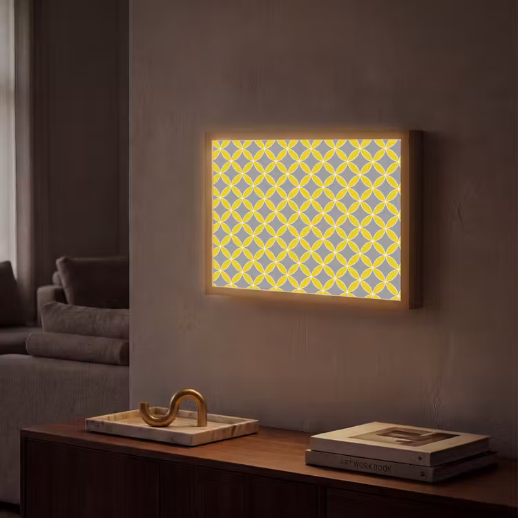 Geometrisch - Cirkels - Modern - Grijs - Geel Light Box met batterij (Wandlamp) middel 907 -sfeer1