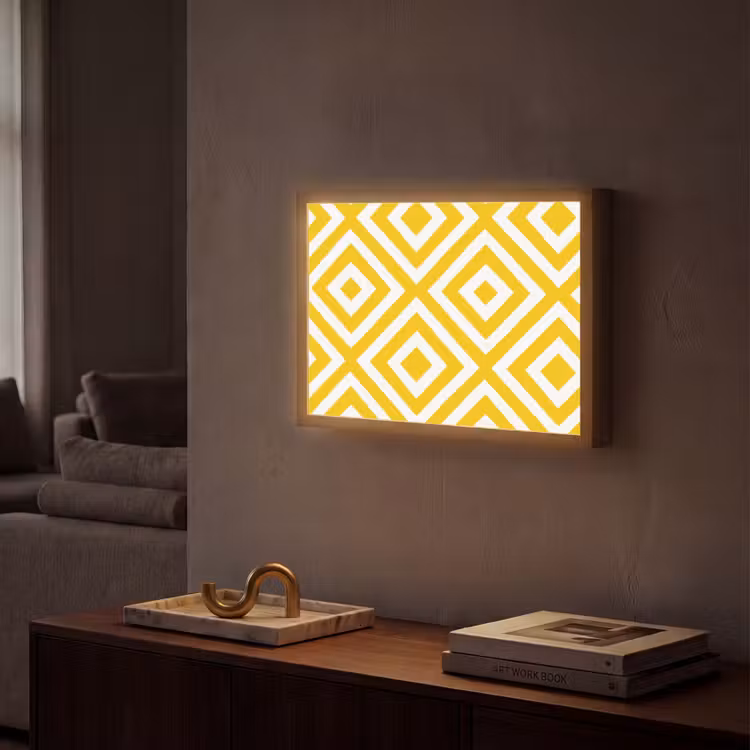 Geometrisch - Lijnen - Modern - Geel - Wit Light Box met batterij (Wandlamp) middel 907 -sfeer1