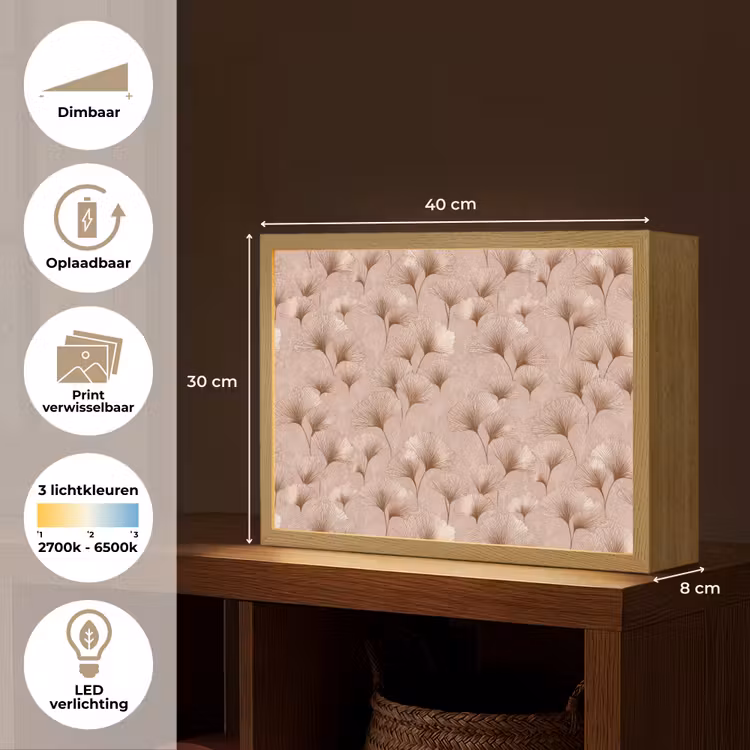 Ginkgo - Patroon - Roze Light Box met batterij (Wandlamp) middel 907 -USP_websiteoverzichtNL