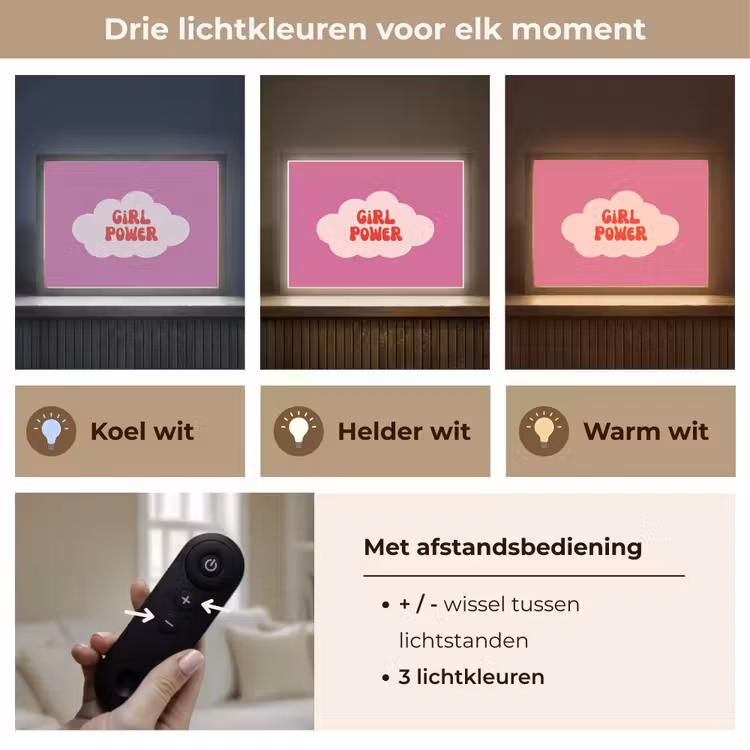 Girl power - Wolk - Roze Light Box met batterij (Wandlamp) middel -USP_lichtkleurNL