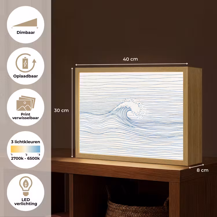 Golf - Brekende - Natuur - Minimalistisch - Blauw Light Box met batterij (Wandlamp) middel -USP_websiteoverzichtNL
