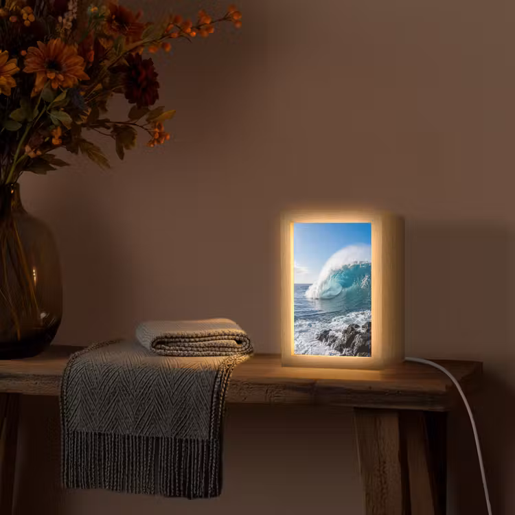 Golf - Oceaan - Brekend - Water - Blauw Light Box met kabel (Wandlamp) klein -sfeer4