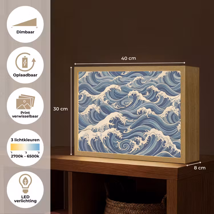 Golven - Zee - Natuur - Abstract - Blauw Light Box met batterij (Wandlamp) middel -USP_websiteoverzichtNL