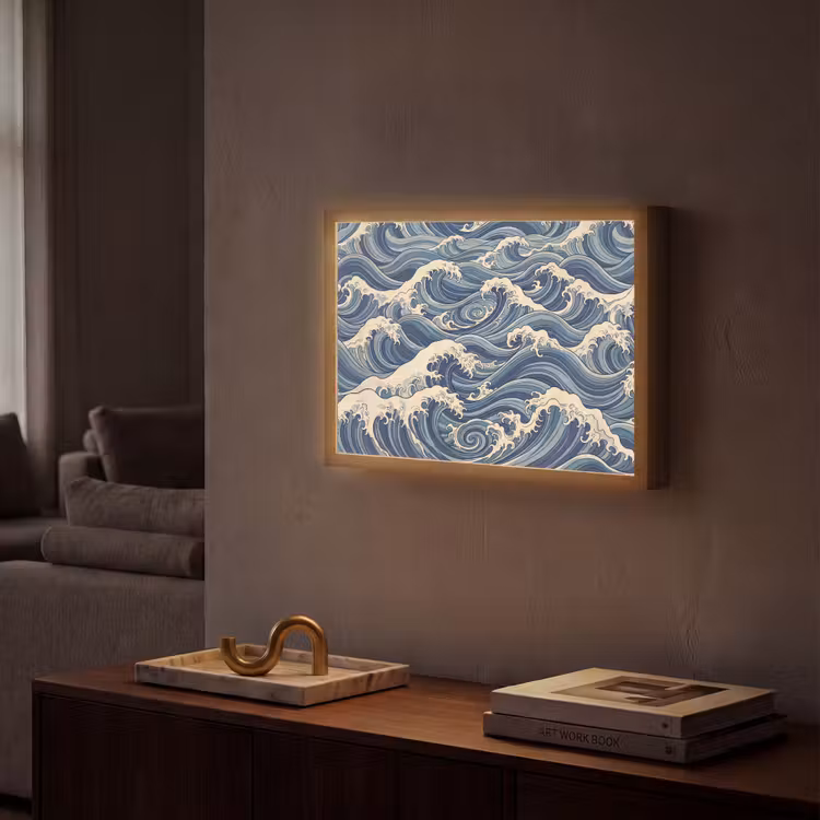 Golven - Zee - Natuur - Abstract - Blauw Light Box met batterij (Wandlamp) middel -sfeer1