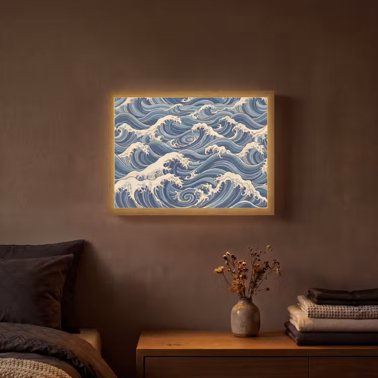 Golven - Zee - Natuur - Abstract - Blauw Light Box met batterij (Wandlamp) middel -sfeer4