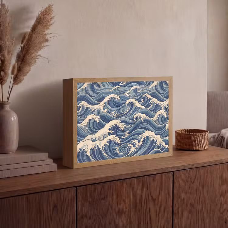 Golven - Zee - Natuur - Abstract - Blauw Light Box met batterij (Wandlamp) middel -sfeer2