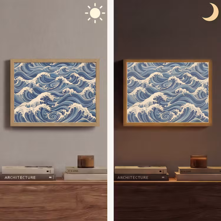 Golven - Zee - Natuur - Abstract - Blauw Light Box met batterij (Wandlamp) middel -sfeer3