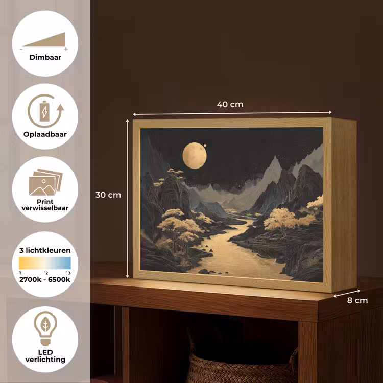 Gouden rivier - Bergen - Maan - Sterrenhemel Light Box met batterij (Wandlamp) middel -USP_websiteoverzichtNL