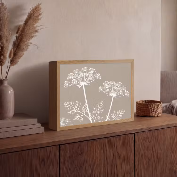 Grafisch - Fluitenkruid - Taupe Light Box met batterij (Wandlamp) middel -sfeer2