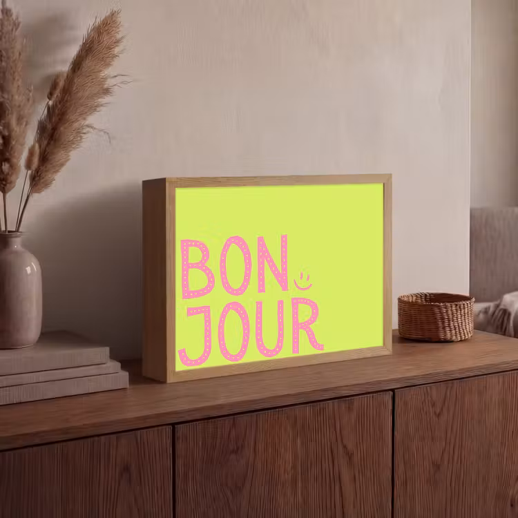 Groen - Smiley - Bonjour - Roze Light Box met batterij (Wandlamp) middel -sfeer2