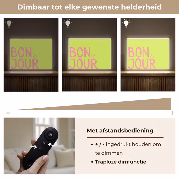 Groen - Smiley - Bonjour - Roze Light Box met batterij (Wandlamp) middel -USP_dimbaarNL