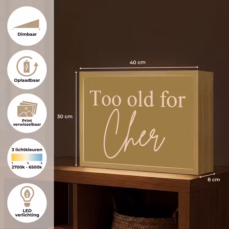Groen - Too old for cher - Roze Light Box met batterij (Wandlamp) middel -USP_websiteoverzichtNL