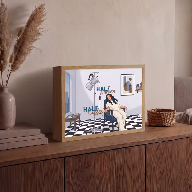 Half human, Half Coffee - Infuus - Koffie Light Box met batterij (Wandlamp) middel -sfeer2