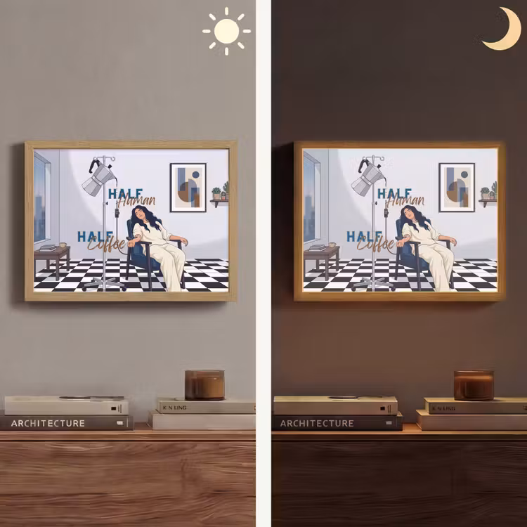 Half human, Half Coffee - Infuus - Koffie Light Box met batterij (Wandlamp) middel -sfeer3