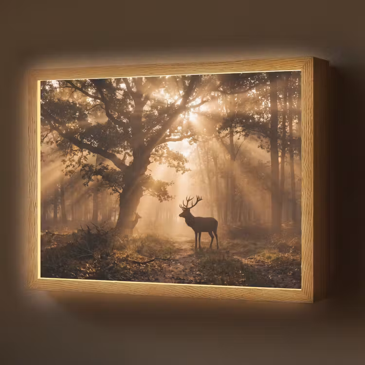 Hert - Bos - Mistig - Natuur - Goud Light Box met batterij (Wandlamp) middel -z3d_website