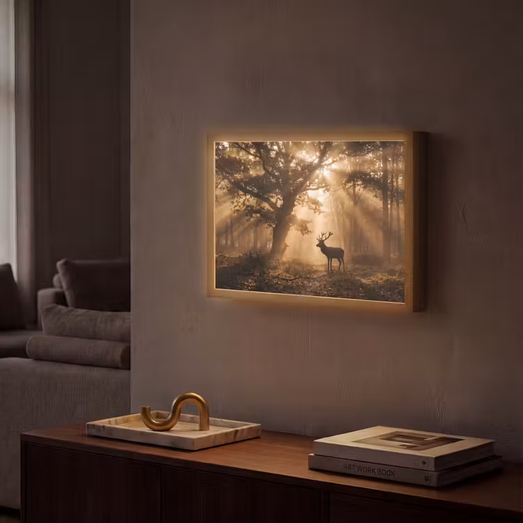 Hert - Bos - Mistig - Natuur - Goud Light Box met batterij (Wandlamp) middel -sfeer1