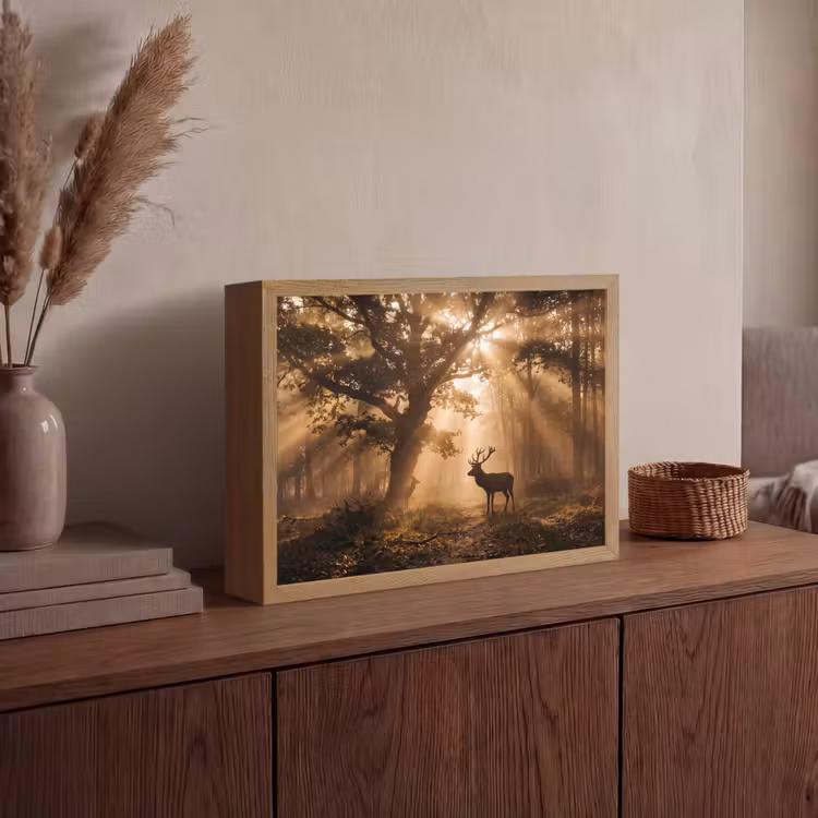 Hert - Bos - Mistig - Natuur - Goud Light Box met batterij (Wandlamp) middel -sfeer2