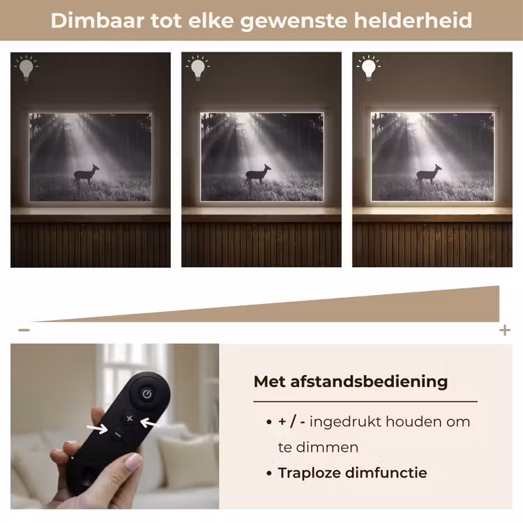 Hert - Bos - Zonnestralen - Zwart-wit - Natuur Light Box met batterij (Wandlamp) middel -USP_dimbaarNL