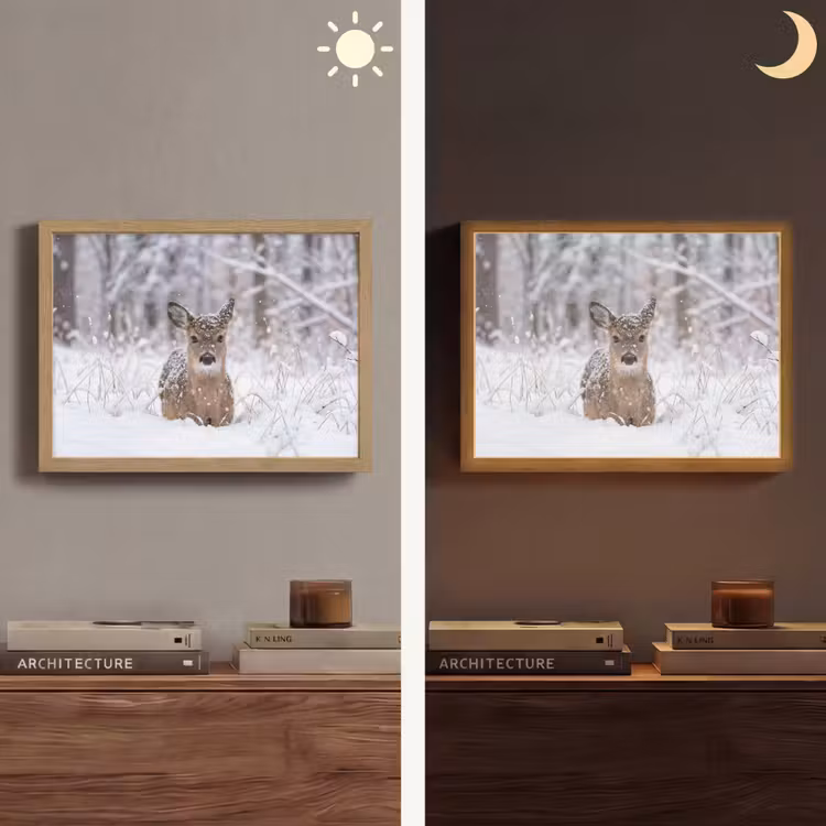 Hert - Sneeuw - Bos - Dieren - Vertederend Light Box met batterij (Wandlamp) middel -sfeer3