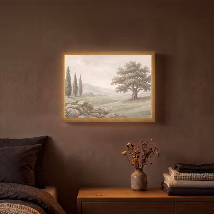 Heuvellandschap - Bomen - Natuur - Groen Light Box met batterij (Wandlamp) middel -sfeer4