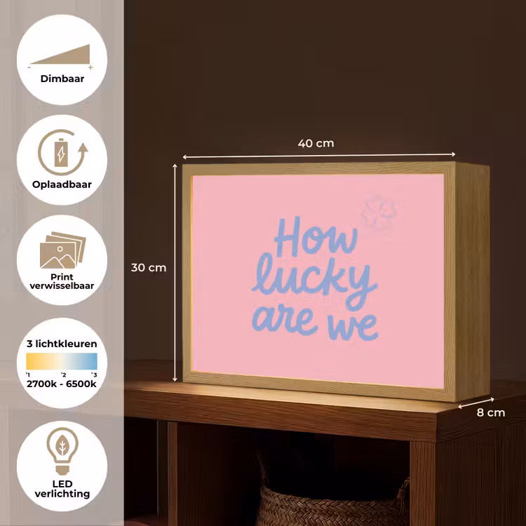 How lucky are we - Klavervier - Roze - Blauw Light Box met batterij (Wandlamp) middel -USP_websiteoverzichtNL