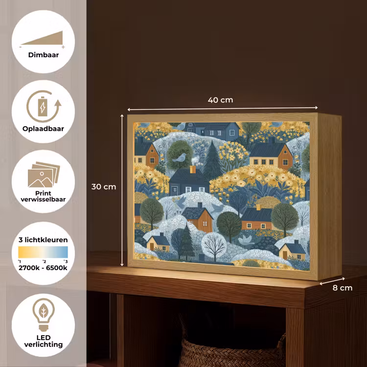 Huisjes - Bloemen - Patroon - Geel - Blauw Light Box met batterij (Wandlamp) middel 907 -USP_websiteoverzichtNL