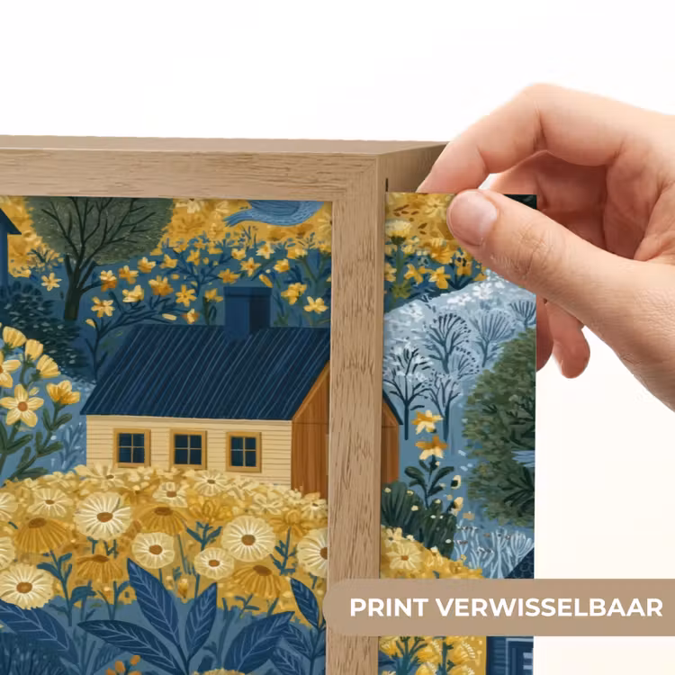 Huisjes - Bloemen - Patroon - Geel - Blauw Light Box met batterij (Wandlamp) middel 907 -USP_websiteprintNL