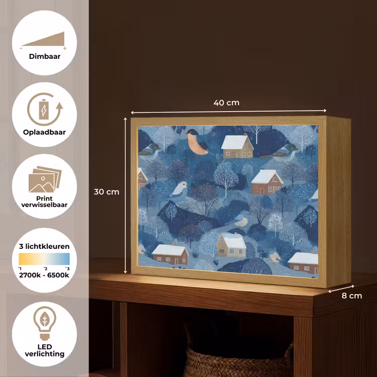 Huisjes - Vogels - Sneeuw - Winter - Blauw Light Box met batterij (Wandlamp) middel 907 -USP_websiteoverzichtNL