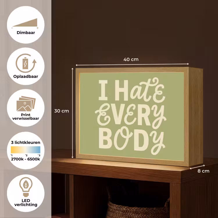 I hate everybody - Groen - Retro Light Box met batterij (Wandlamp) middel -USP_websiteoverzichtNL