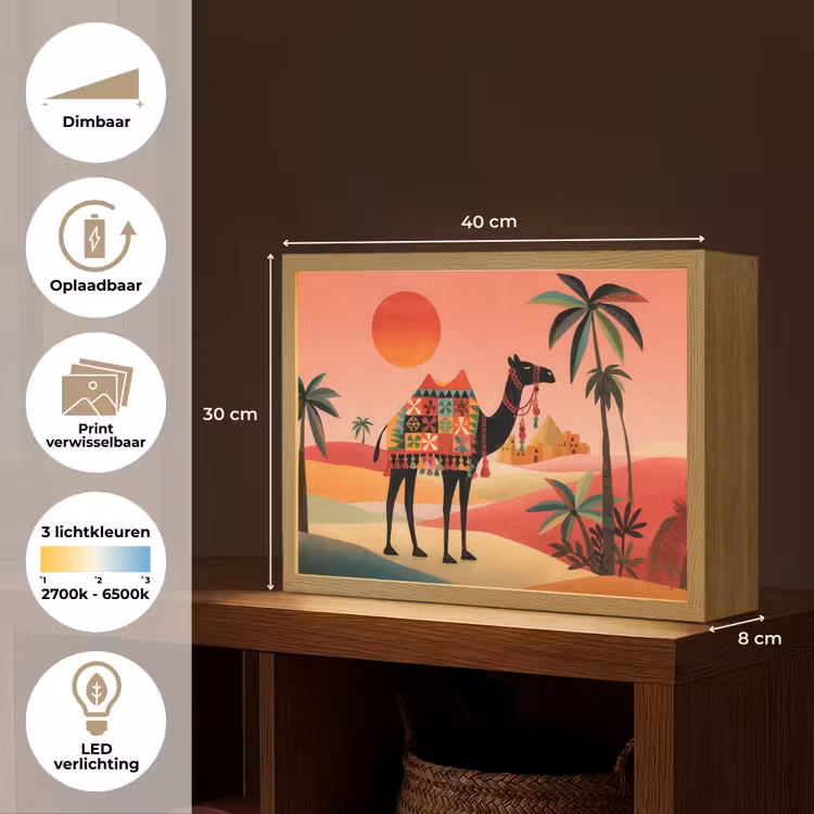 Kameel - Gekleurd tapijt - Duinen - Rode zon Light Box met batterij (Wandlamp) middel -USP_websiteoverzichtNL