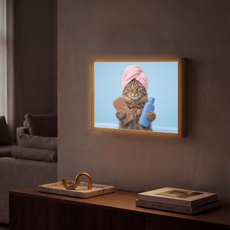 Kat - Handdoek - Washand - Zeep Light Box met batterij (Wandlamp) middel -sfeer1