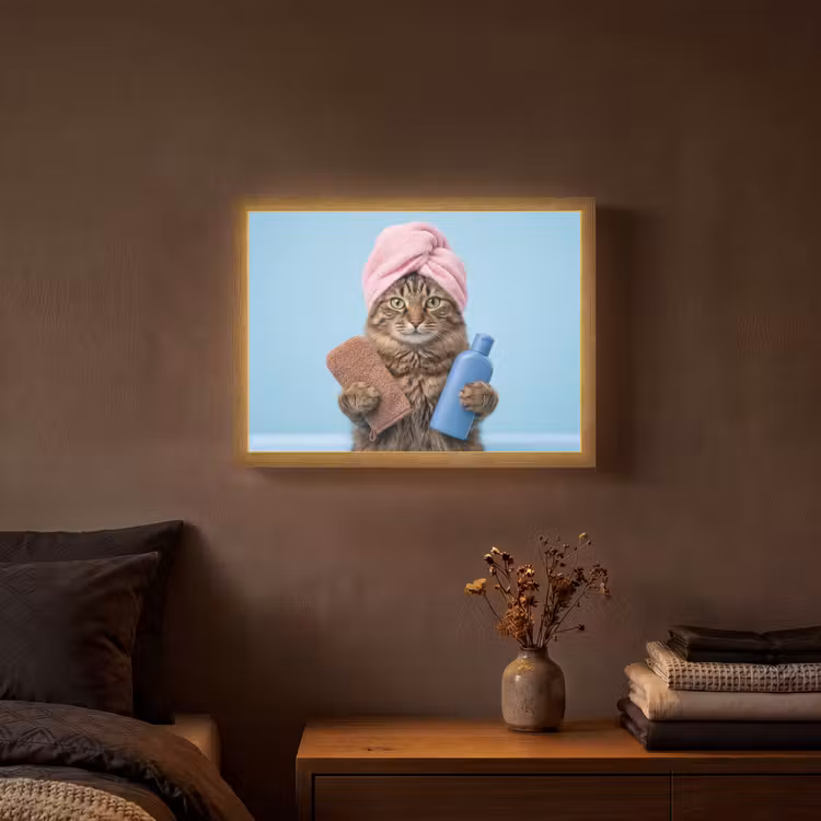 Kat - Handdoek - Washand - Zeep Light Box met batterij (Wandlamp) middel -sfeer4