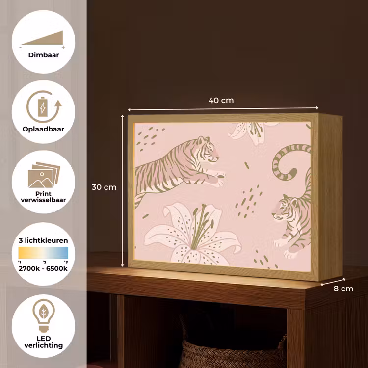 Kat - Springend - Bloemen - Abstract - Roze Light Box met batterij (Wandlamp) middel -USP_websiteoverzichtNL