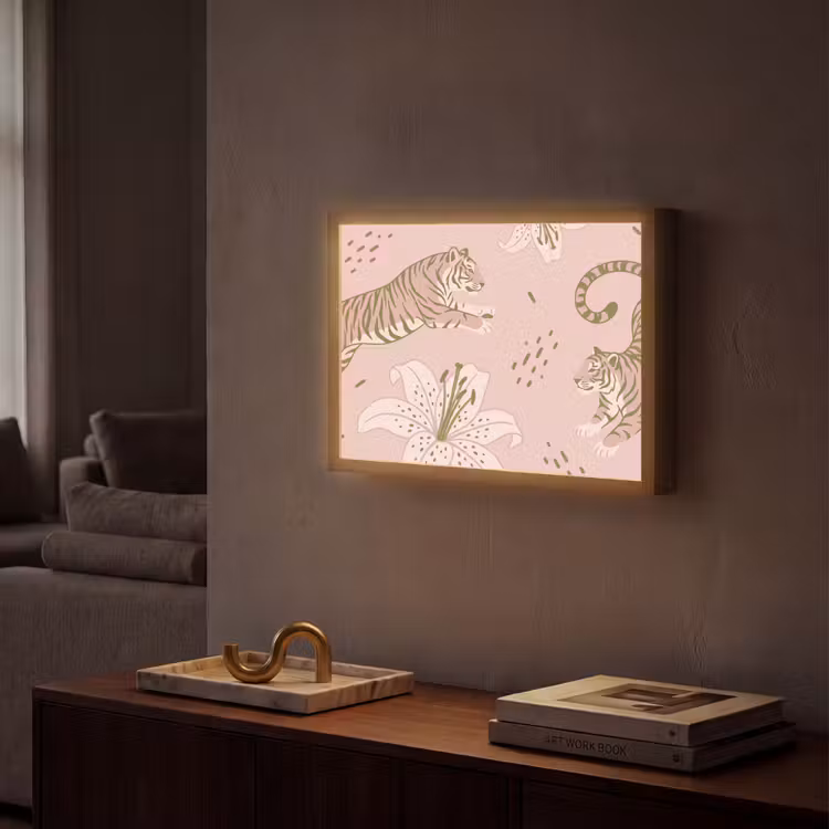 Kat - Springend - Bloemen - Abstract - Roze Light Box met batterij (Wandlamp) middel -sfeer1