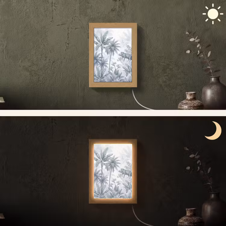 Kat - Tropisch bos - Modern - Grijs Light Box met kabel (Wandlamp) klein -sfeer3