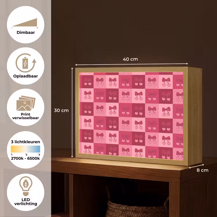 Kersen - Strikjes - Speels - Roze - Bordeaux Light Box met batterij (Wandlamp) middel 907 -USP_websiteoverzichtNL